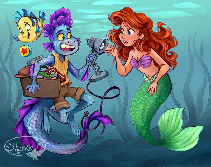 Movie, Crossover, Alberto Scorfano, Ariel (The Little Mermaid), Flounder (The Little Mermaid), Mermaid, Sea Monster, Luca (Movie), Fish, The Little Mermaid, Red Hair, Blue Eyes, Green Eyes, HD wallpaper
