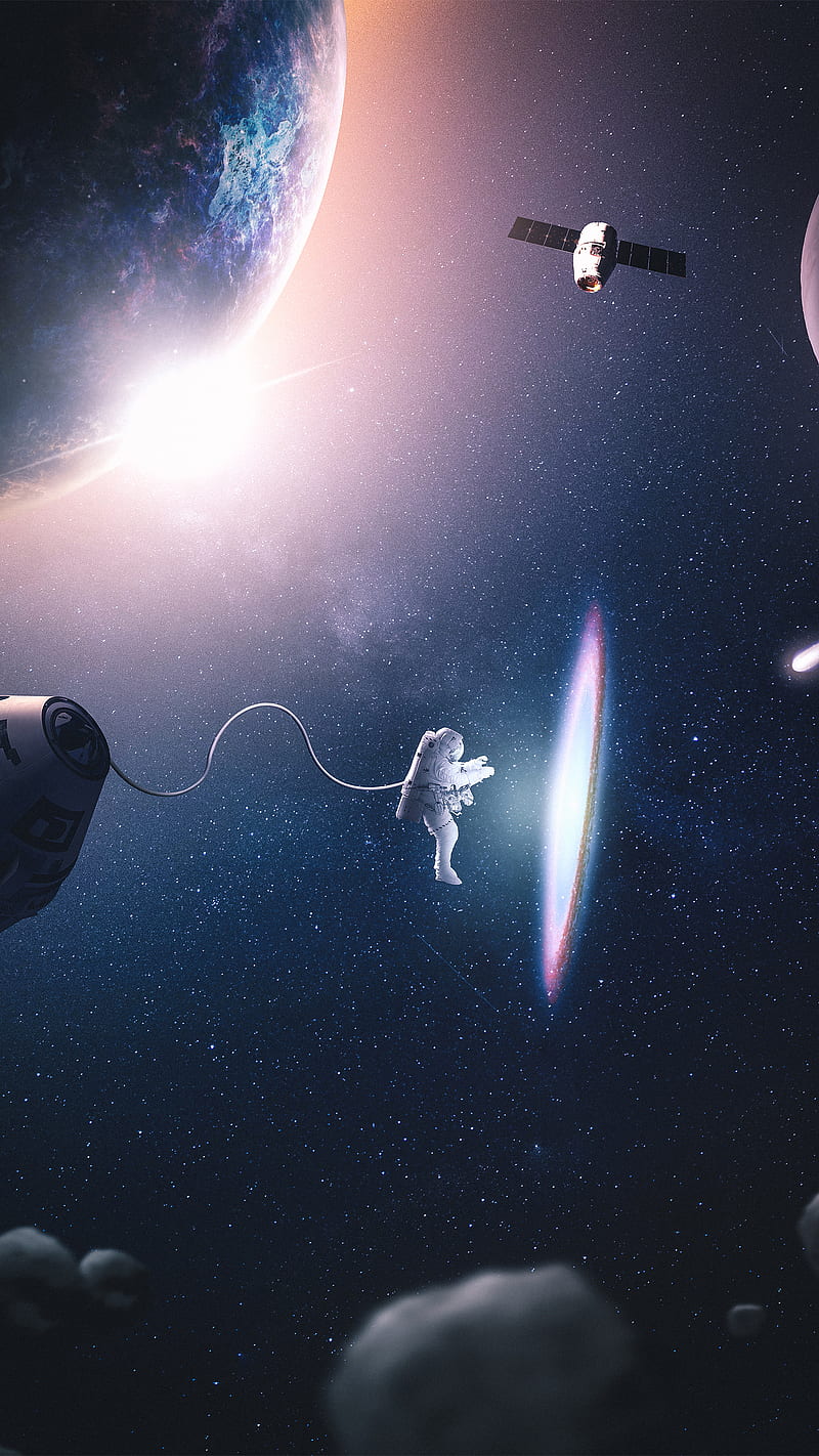 Parallel space, M_A_Visuals, asteroids, astronaut, bonito, blue, cosmos, fantasy, planet, planets, universe, HD phone wallpaper