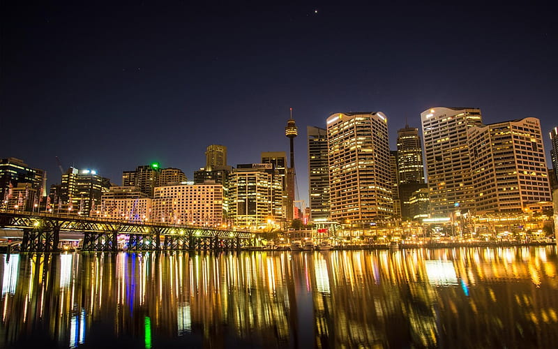 city, australia, darling harbour, sydney, night, harbour, HD wallpaper
