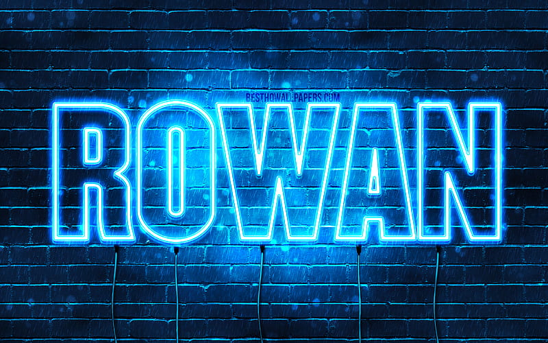 Rowan with names, horizontal text, Rowan name, blue neon lights, with Rowan name, HD wallpaper