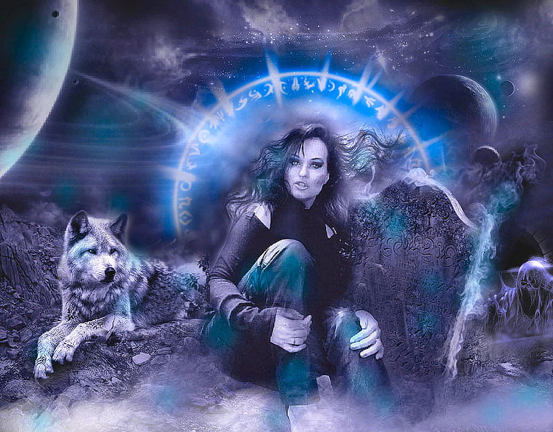 wolves city 3027, planets, ghoul, space, stnes, tmbstone, woman, fog, gothic, leather, future, electrick, wasteland, blue, saturn, gate, female, cemetery, age, brunette, fire, demon, ghost, dark, smke, neaon, wolf, dust, anrasy, HD wallpaper