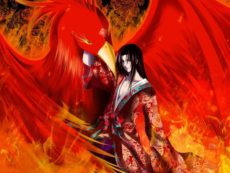The phoenix, art, fire, bird, phoenix, anime, man, HD wallpaper | Peakpx