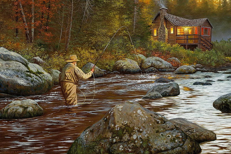 Catching a moment, fall, art, forest, autumn, house, cottage, catch, old, fisherman, stones, moment, painting, river, fishing, HD wallpaper