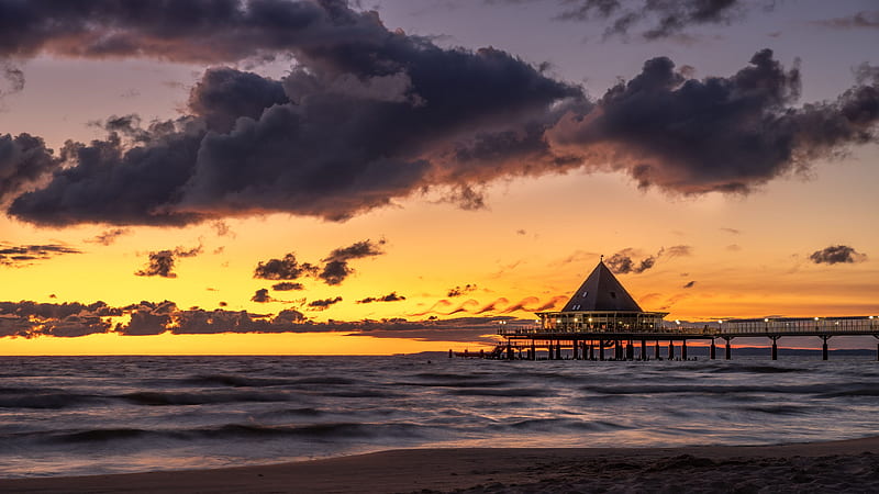 bungalow, pier, sunset, sea, sky, HD wallpaper