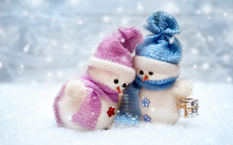 iarna, couple, blue, christmas, craciun, snowman, hat, cute, snow, scarf, pink, white, HD wallpaper