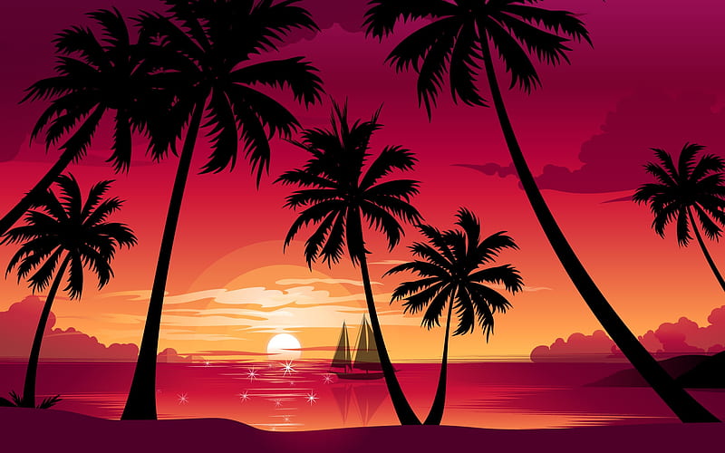 Sunset, red, luminos, orange, black, silhouette, sea, boat, fantasy, water, vara, summer, pink, palm tree, vector, HD wallpaper