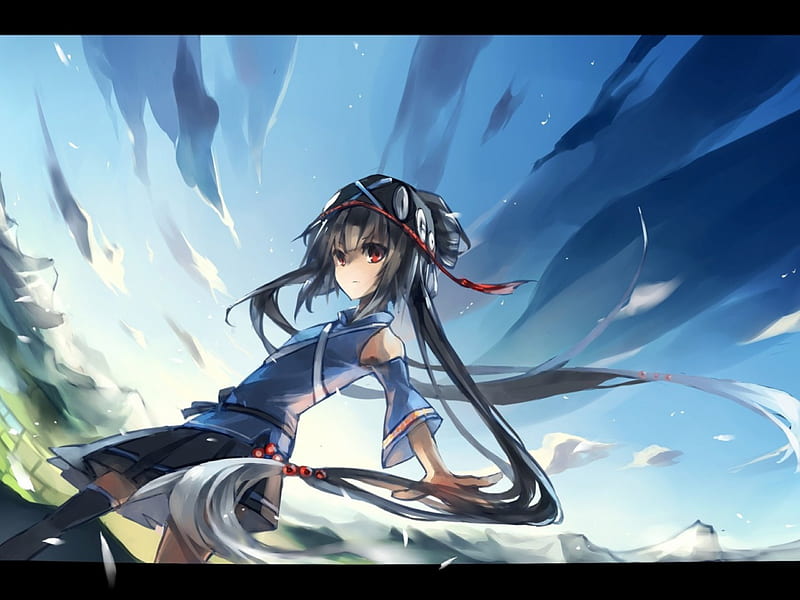Luo Tianyi, vocaloid, skirt, thigh highs, sky, old fashion, singer ...