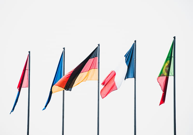 row of five flags on poles, HD wallpaper