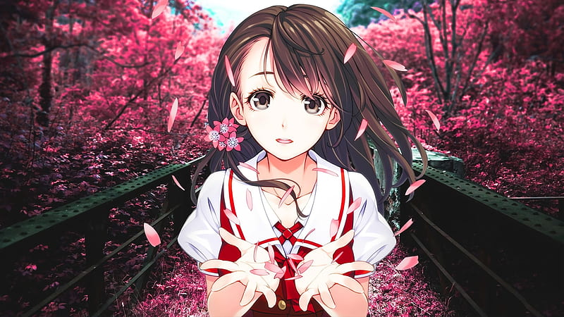 mochizuki nao, hanasaku manimani, anime games, petals, brown hair, school uniform, Anime, HD wallpaper