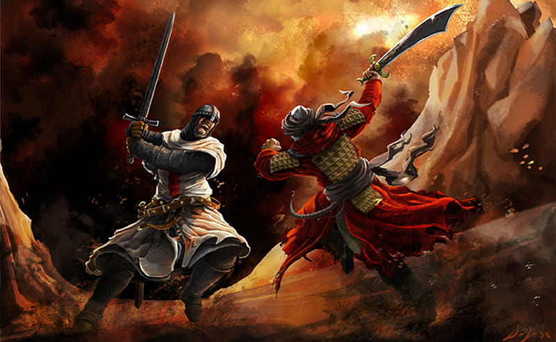 fight, warriors, fantasy, battle, crusader templar, abstract, HD wallpaper