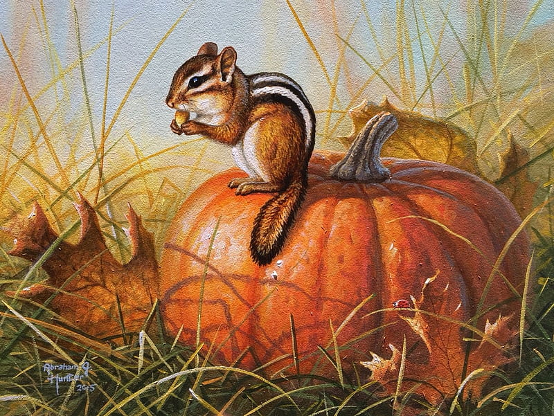 Little visitor, pictura, pumpkin, orange, squirrel, art, abraham hunter, halloween, chipmunk, painting, autumn, leaf, toamna, HD wallpaper