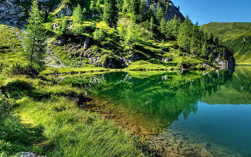 Reflections, shore, quet, clear, greenery, trees, lake, mirrored, mountain, tranquil, calm, water, green, serenity, nature, crystal, reflection, HD wallpaper