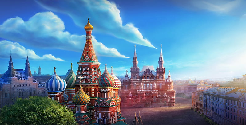 Russia, fantasy, guillermo kelly, russian, church, blue, colorful, moscow, red, art, luminos, HD wallpaper