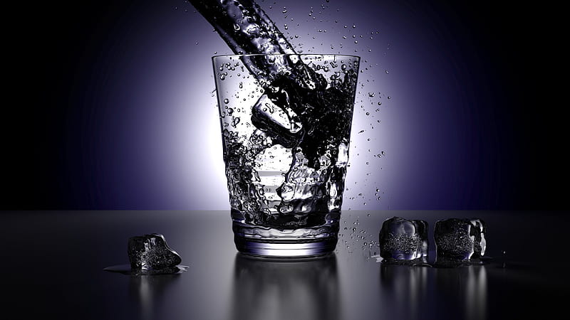 Splash of water in a glass, glass, clear, dark, black, ice, crystal, blue, shiny, HD wallpaper