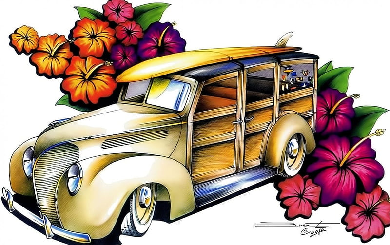 1938 Hibiscus Woody Wagon, beach, surfer, woody, wagon, HD wallpaper