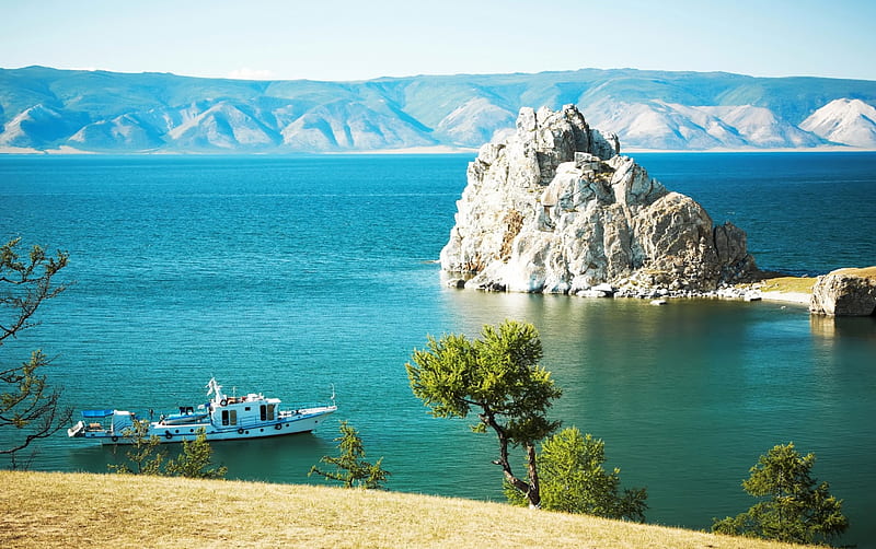 Lake Baikal in Russia, rocks, lakes, russia, nature, trees, blue, HD wallpaper