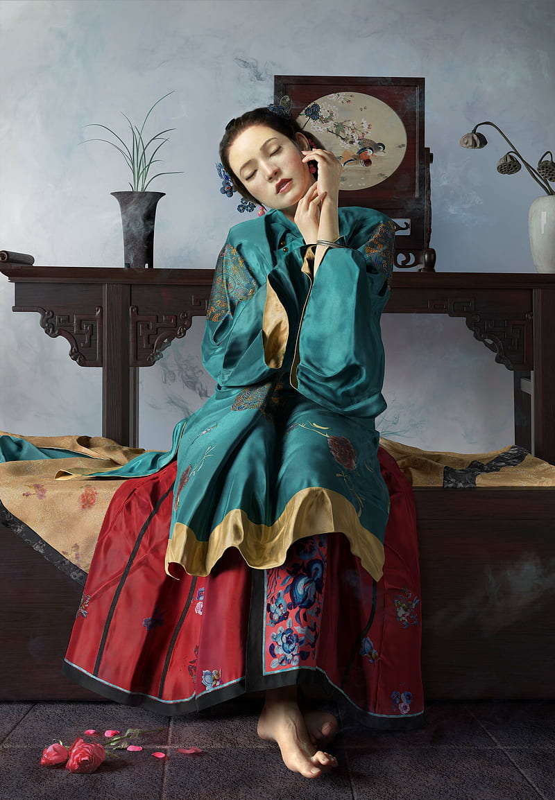 portrait display, women, artwork, caressing, digital art, drawing, closed eyes, sitting, digital painting, touching face, barefoot, indoors, women indoors, roses, legs crossed, open mouth, rose, dress, room, ArtStation, hanfu, China, chinese classical, pointed toes, HD phone wallpaper