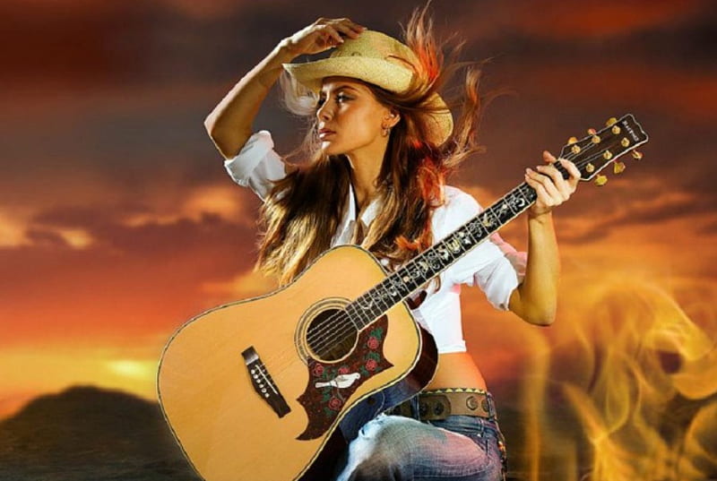 ~Cowgirl~, mountain, brunette, fire, guitar, cowgirl, sunset, smoke, hat, HD wallpaper