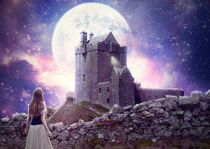 Bright Moon Fairytale, stars, rocks, grass, sky, clouds, wall, women, moon, purple, moss, flowers, castle, HD wallpaper