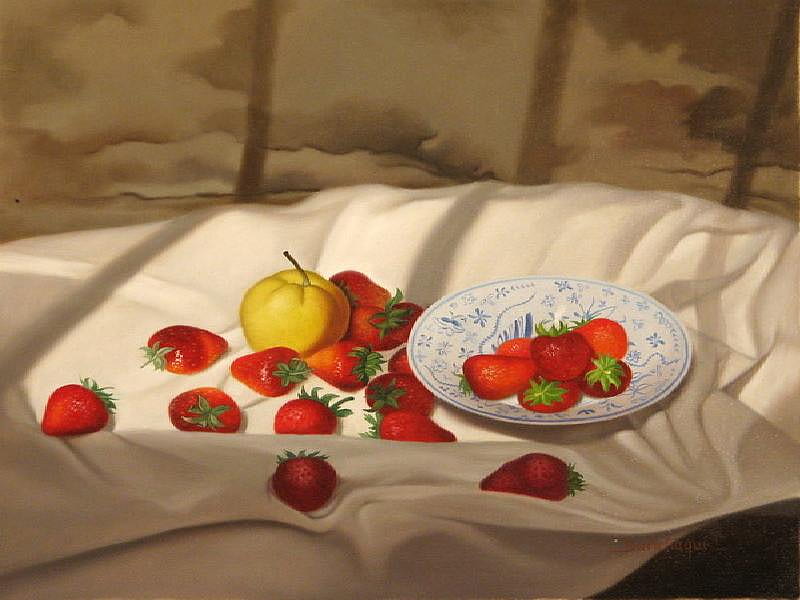 Breakfast in Bed, pear, fruits, strawberries, plate, breakfast, treats, sheet, bed, HD wallpaper