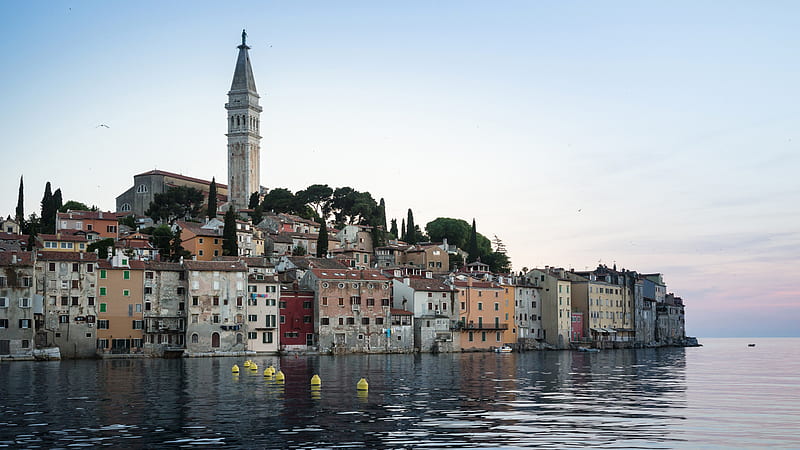 Croatia Rovinj Tower In The Middle Of Buildings Near River Travel, HD wallpaper