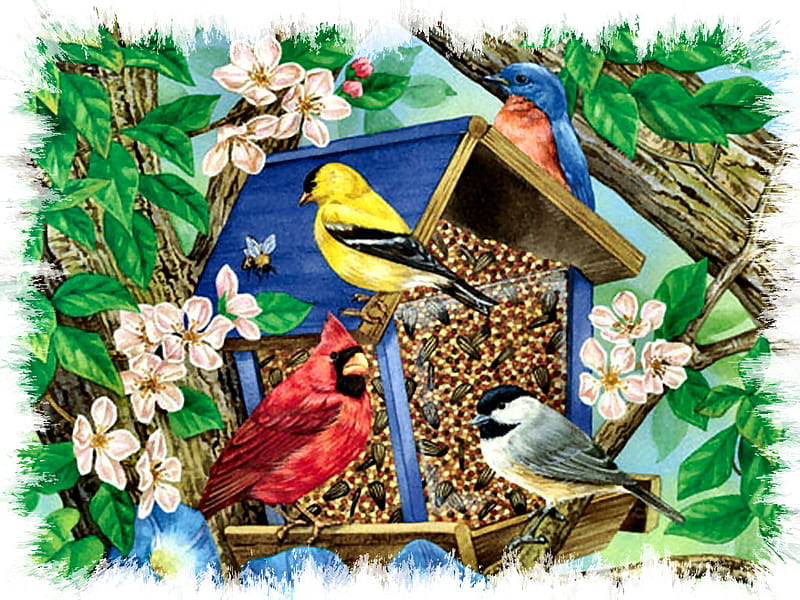 Breakfast Birdhouse F2, art, feeder, artwork, maday, animal, jane maday, tree, bird, avian, painting, blossoms, wildlife, HD wallpaper