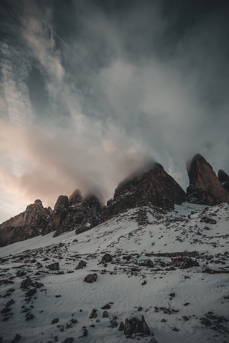 mountain top, nature, snow, portrait display, clouds, mountains, rock, HD phone wallpaper