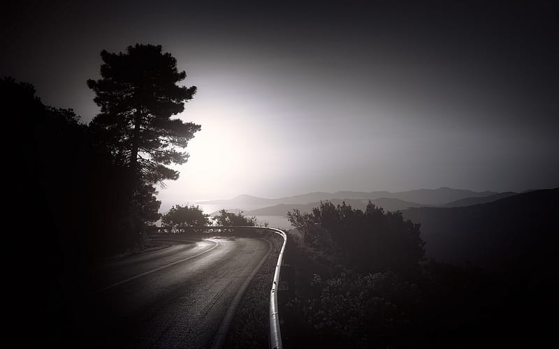Dark Road, dark, road, nature, monochrome, black-and-white, HD wallpaper