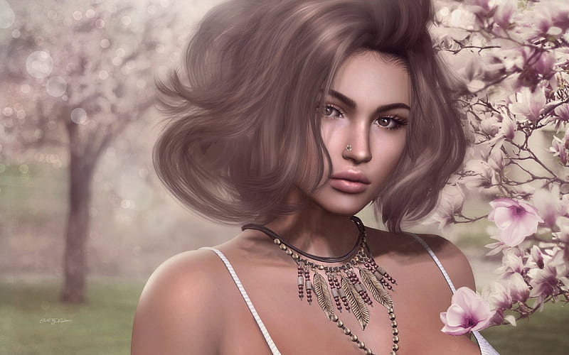 Beauty, magnolia, spring, fantasy, girl, flower, rendering, face, jewel, pink, HD wallpaper