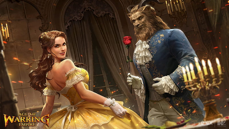 Beauty and the Beast, red, red pencil art, dress, luminos, rose, game, belle, yellow, fantasy, flower, princess, blue, couple, HD wallpaper