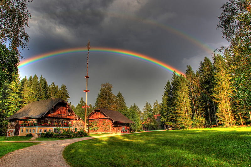 Rainbow over Austrian Landscape, rainbows, landscapes, austria, nature, trees, HD wallpaper