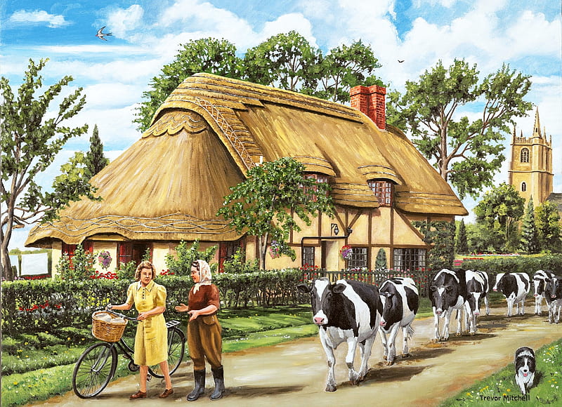 Milking Time, cottage, painting, bicycle, road, artwork, cows, women, HD wallpaper