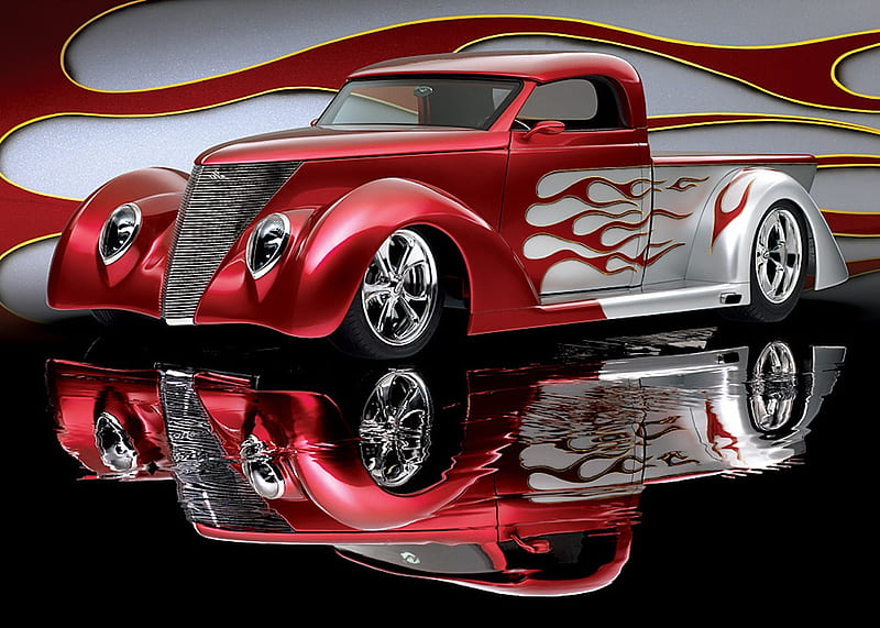 1937 Ford Pick Up Truck, red, hot rod, flames, custom, truck, reflection, vintage, HD wallpaper