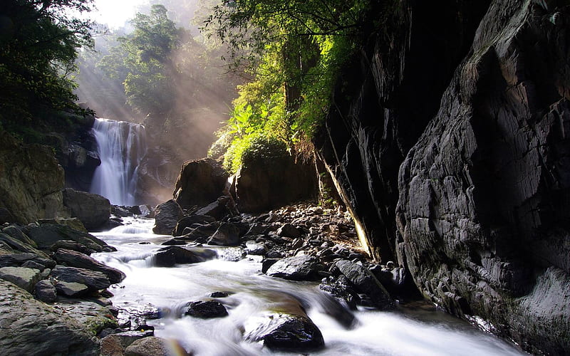 falls stream sources sunlight-Nature, HD wallpaper