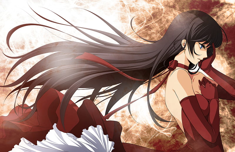 Lady in Red, gloves, dark hair, red dress, brown hair, flowing hair, anime girl, long hair, blue eyes, HD wallpaper