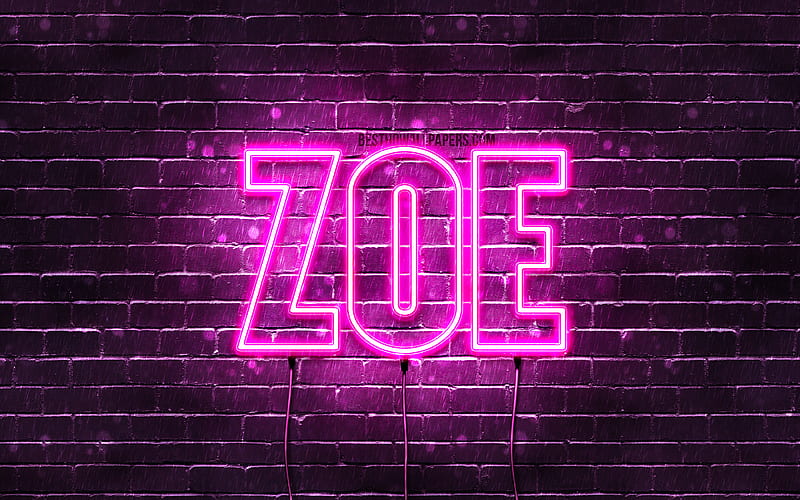  Zoe con nombres, nombres femeninos, nombre de zoe, luces de neón púrpuras, texto horizontal, Fondo de pantalla HD