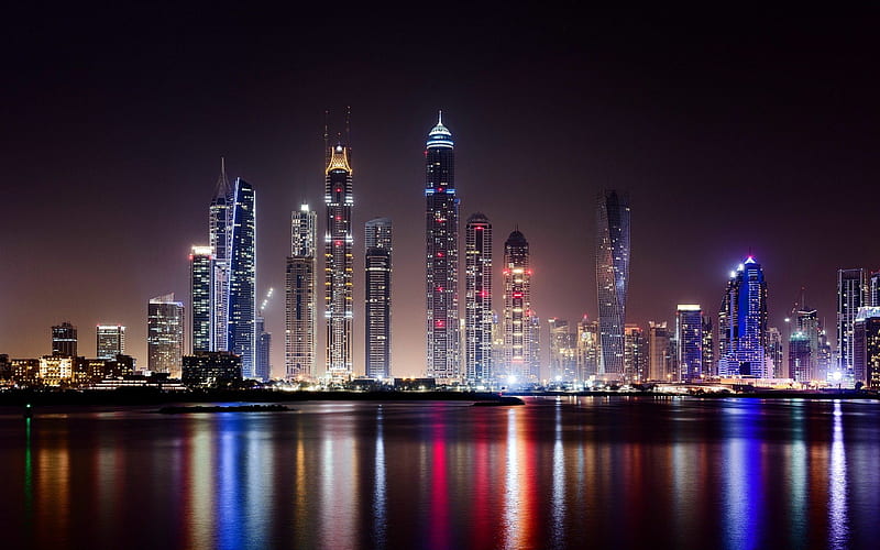 Dubai at Night, Reflection, Dubai, Skyscrapers, Night, HD wallpaper