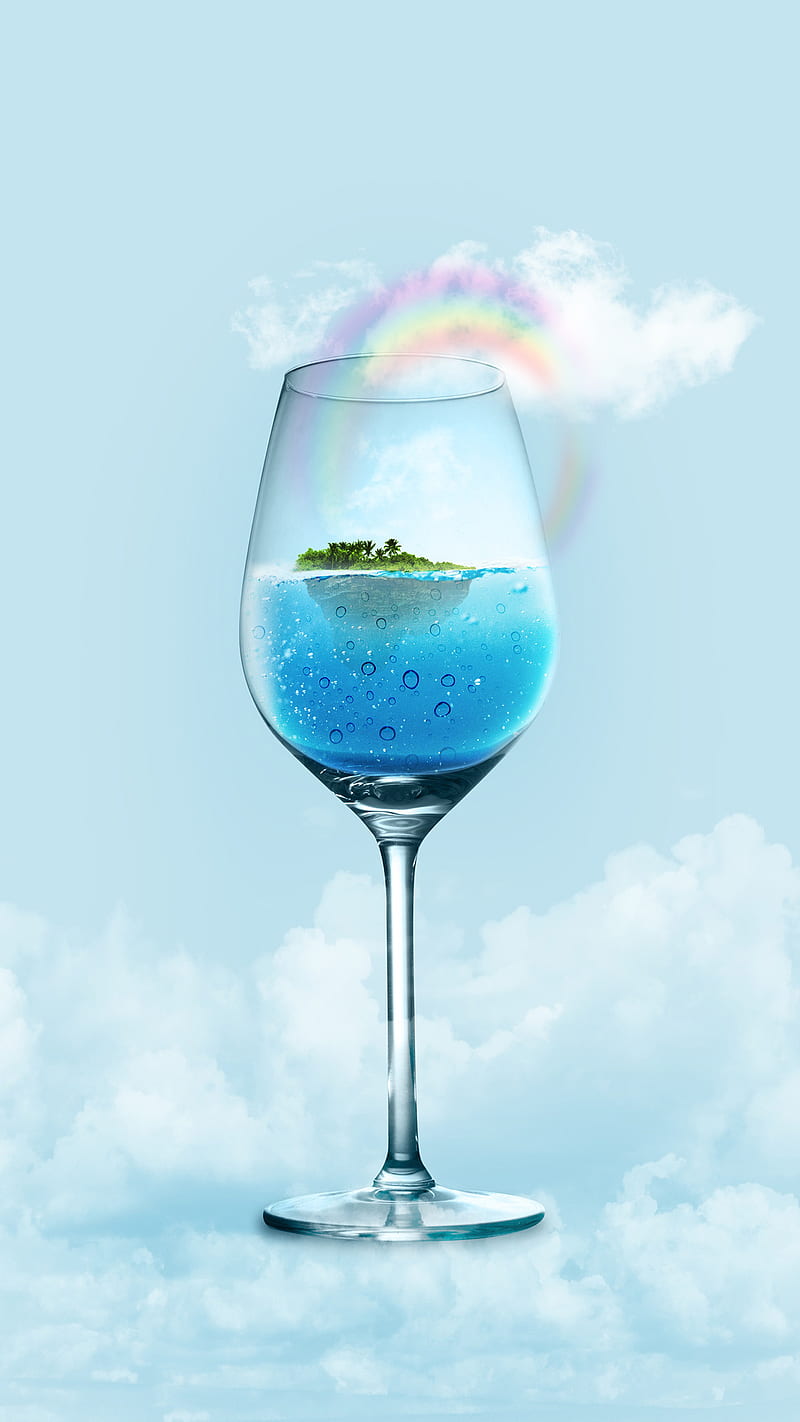 vertical, drinking glass, digital art, liquid, blue, cyan, HD phone wallpaper