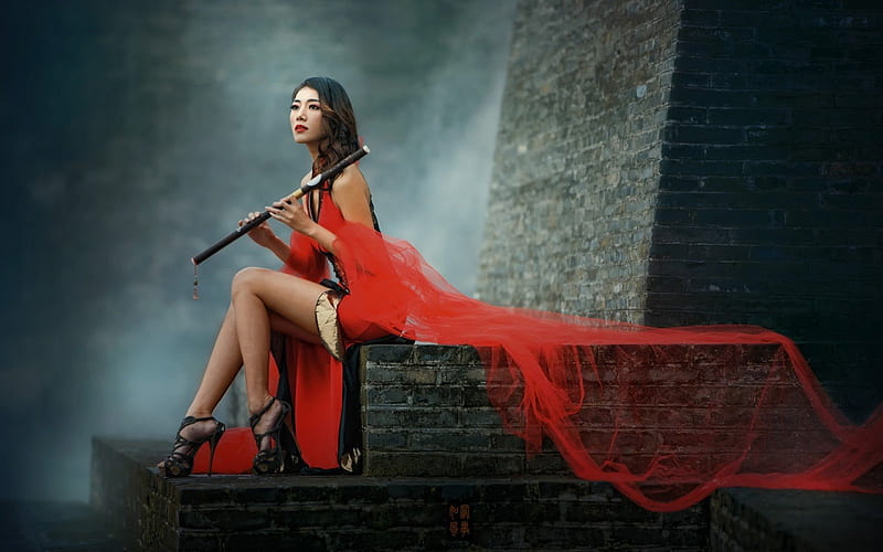 The Flute Player, dress, exotic, model, gown, bonito, woman, elegant, graphy, musician, girl flute, fashion, HD wallpaper