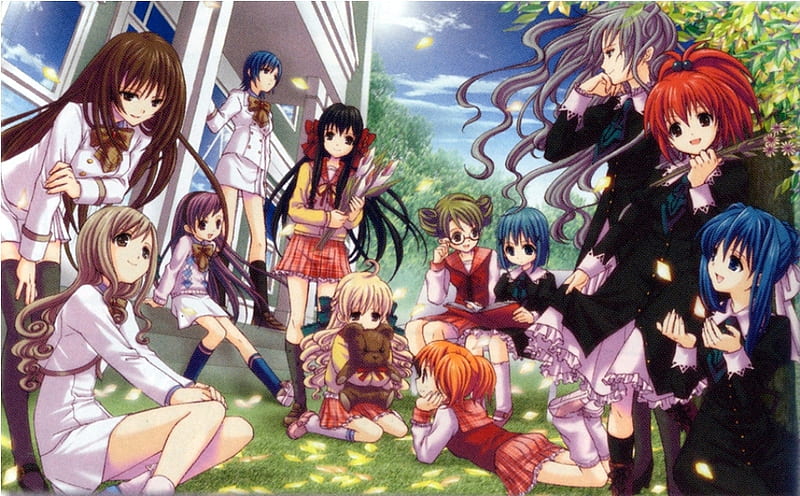 The Gathering, strawberry panic, house, grass, group, anime, hot, anime girl, girls, team, female, park, sexy, building, cute, tree, girl, flower, field, HD wallpaper