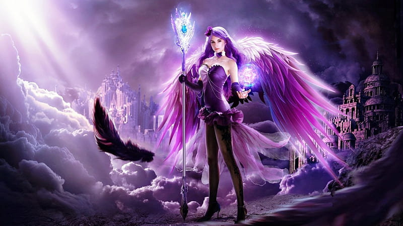 Purple Angel, wings, purple, angel, bonito, clouds, HD wallpaper