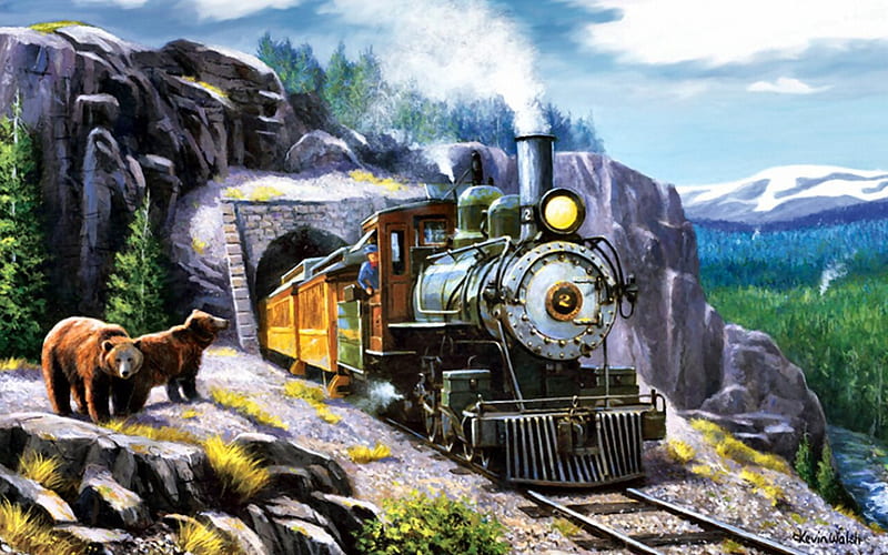 Mountain Train F2, railroad, art, steam engine, artwork, track, train, painting, wide screen, tunnel, scenery, HD wallpaper