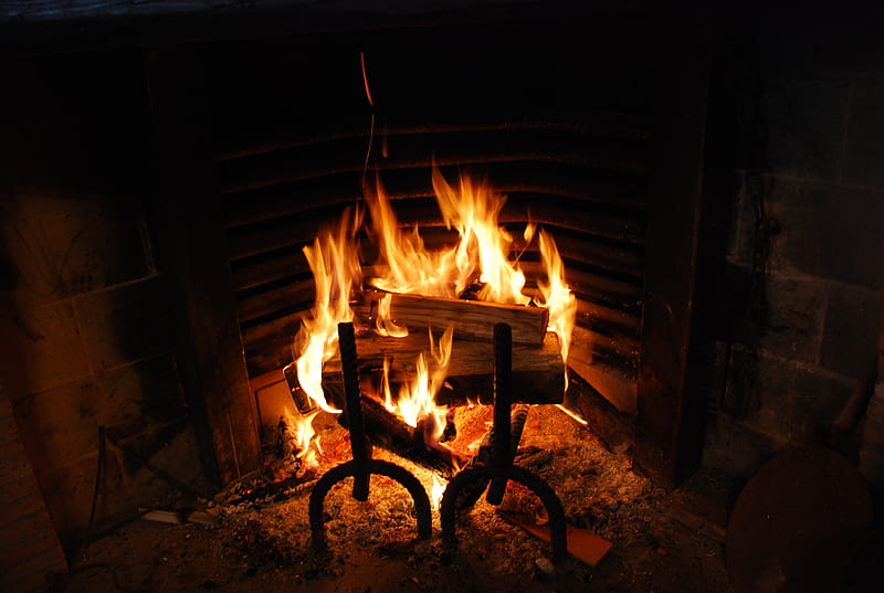 Warmth in Winter, fireplace, fire, andirons, warmth, HD wallpaper