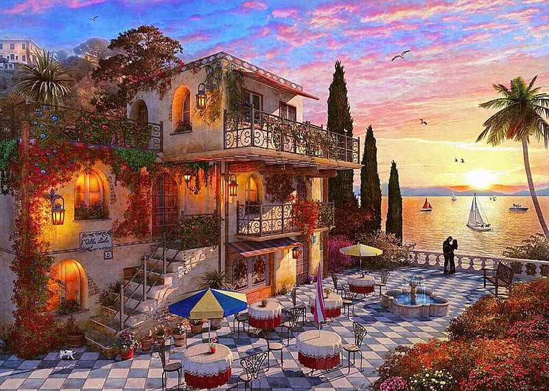 Mediterranean Villa, fountain, house, tables, sunset, palm, sky, clouds, trees, sea, artwork, painting, chairs, HD wallpaper