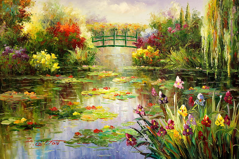 The bridge, red, claude monet, art, lotus, yellow, lake, water, green, bridge, texture, painting, flower, pictura, iris, HD wallpaper