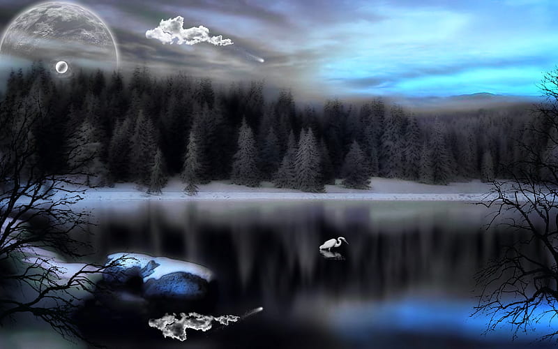 Peaceful of Mind, rock, bonito, clouds, calm, moon, mirror, frost, blue, amazing, forest, comet, sky, pines, winter, lake, snow, peaceful, HD wallpaper