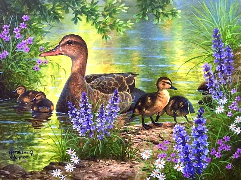 Field Trip, family, love four seasons, ducks, spring, attractions in dreams, pond, paintings, flowers, animals, HD wallpaper