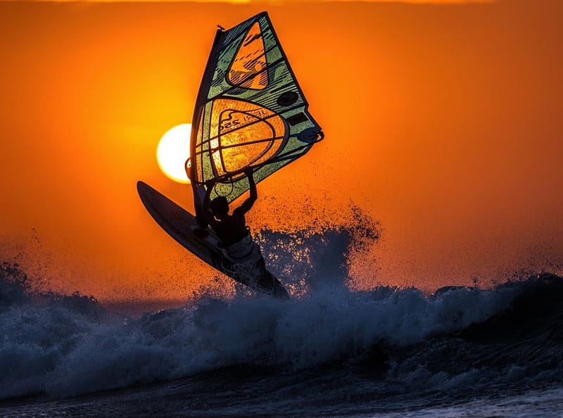 Windsurfing at Sunset, boat, windsurfing, nature, sunset, waves, HD wallpaper
