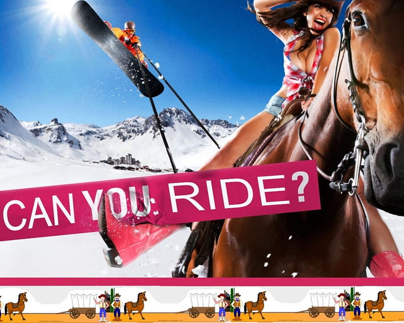 Ride Like A Cowgirl, female, models, hats, boots, fun, ski, women, horses, snow, cowgirls, girls, western, style, HD wallpaper