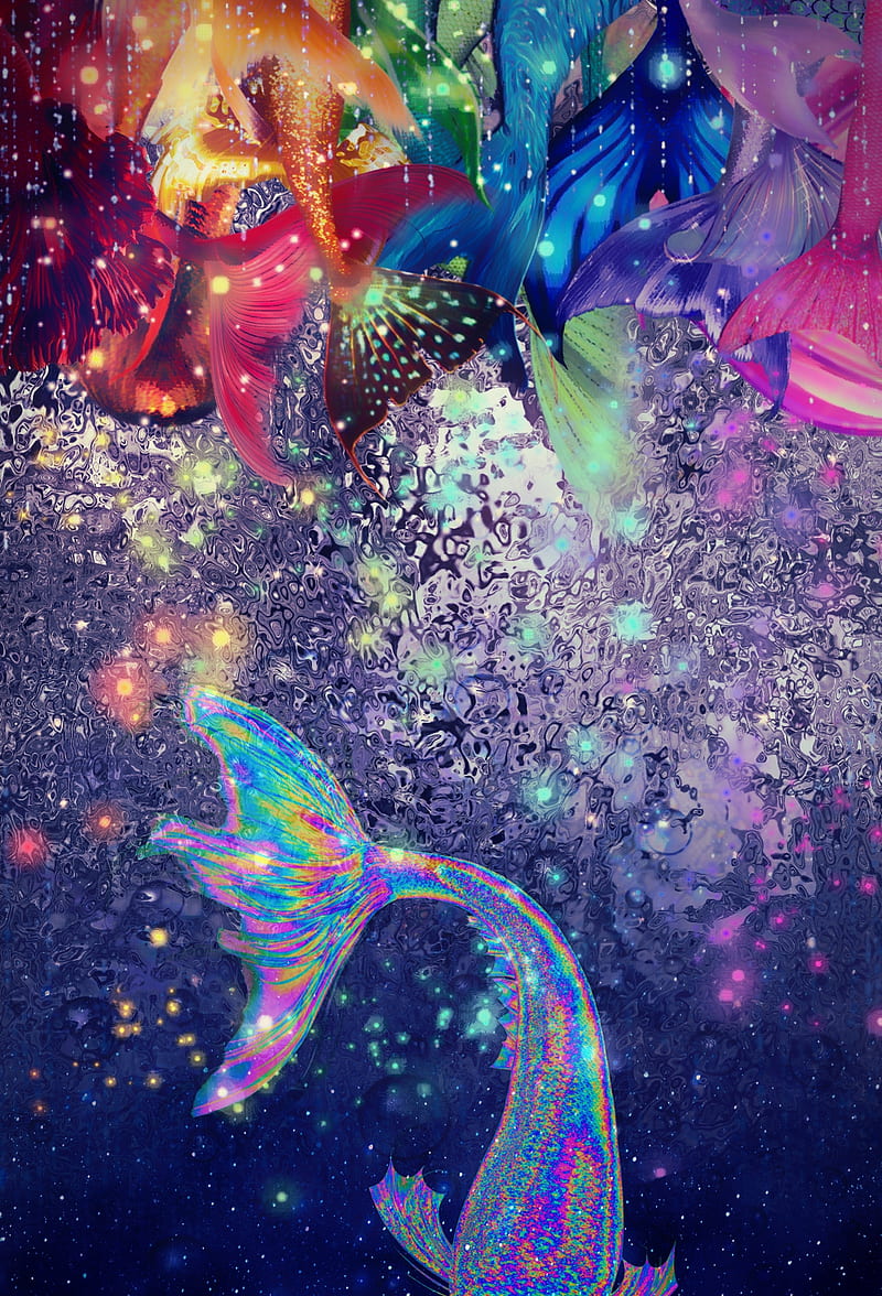 Mer-tailing Away, creatures, glitter, mermaids, mythical, ocean, rainbow, sea, sparkles, tails, under water, HD phone wallpaper